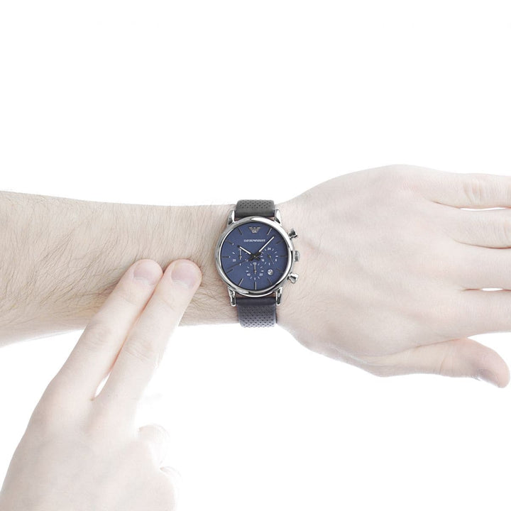 ساعة إمبريو أرماني جلد طبيعي أوريجينال لون أزرق 