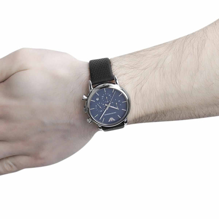 ساعة إمبريو أرماني جلد طبيعي أوريجينال لون أزرق 
